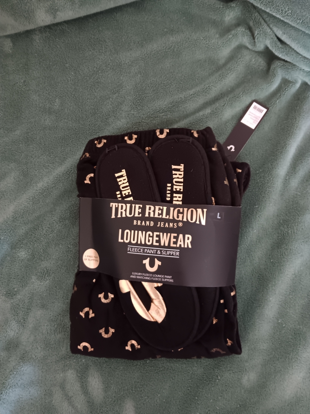 True Religion Men’s Black & Gold Loungewear Fleece Pant and Slipper Set